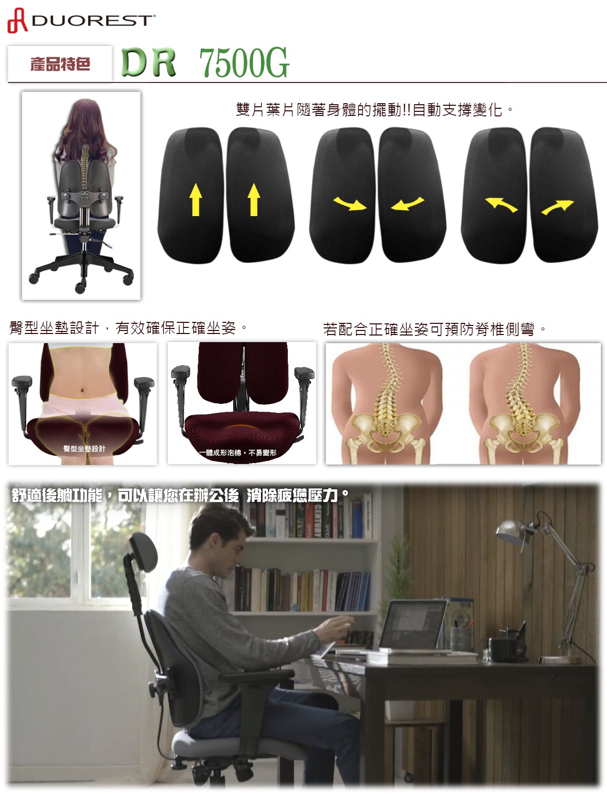 DUOREST-DR 7500G雙背椅產品特色臀型坐墊設計
