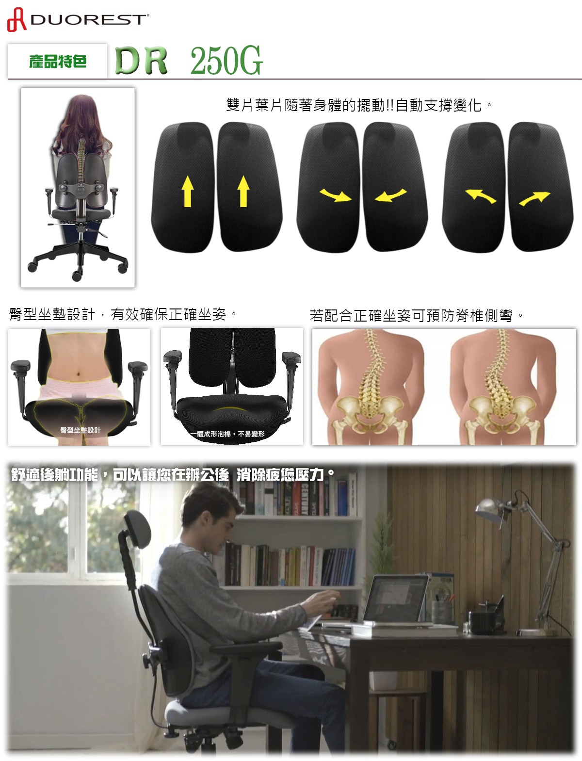 DUOREST-DR 250G雙背椅產品特色雙片葉片、臀型設計