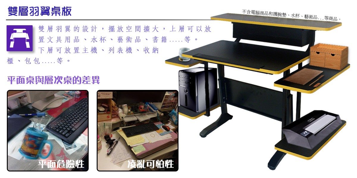 黑武士PRO電競電腦書桌雙層羽翼桌板介紹